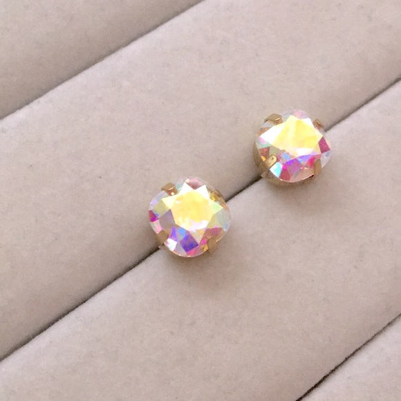 Aurora Borealis + Brass Cushion Cut Crystal Earrings - Picture 3 of 9